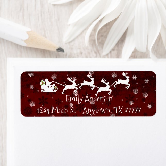 Red Santa's Sleigh and Reindeer Address Label Returadress Etikett (Insitu)