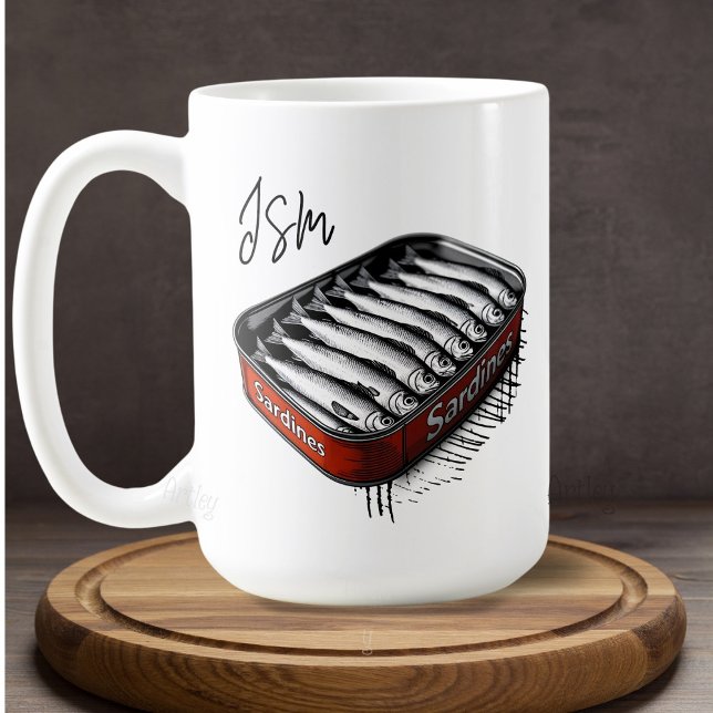 Red Sardine Art Tin Anpassningsbar Monogram Namn Kaffemugg (Skapare uppladdad)