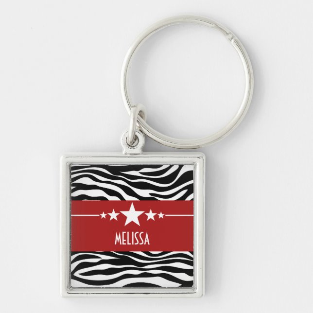 Red Sassy Star Zebra Premium Keychain Fyrkantig Silverfärgad Nyckelring (Framsidan)