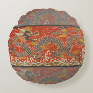 Red Satin Brocade med Cloud Chinese Dragon Rund Kudde
