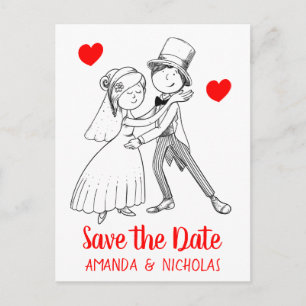 Red Save Date Bröllop Tecknad Bride Groom Vykort