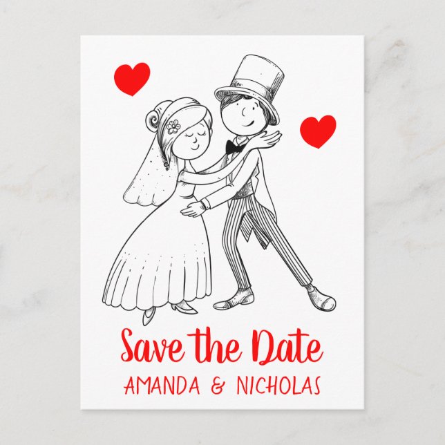 Red Save Date Bröllop Tecknad Bride Groom Vykort (Framsida)