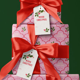 Red Scallop Tile jul Sprigs Presentetikett