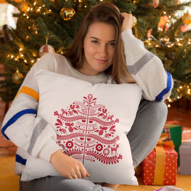 Red Scandinavian FolArt Nordic Julgran Kudde (Skapare uppladdad)