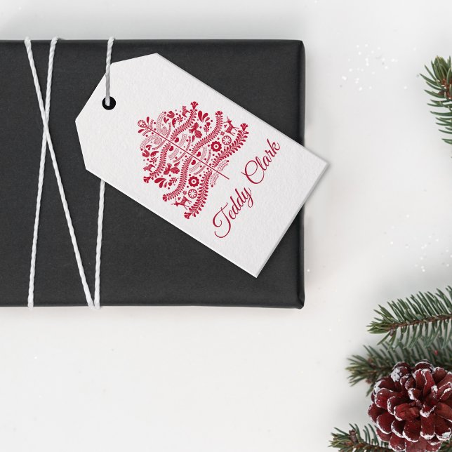 Red Scandinavian FolArt Nordic Julgran Presentetikett (Skapare uppladdad)