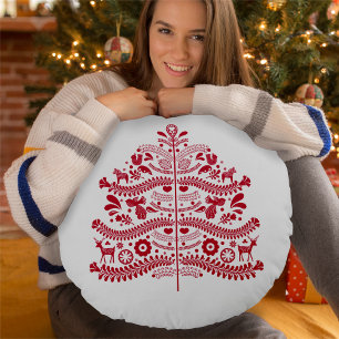 Red Scandinavian FolArt Nordic Julgran Rund Kudde