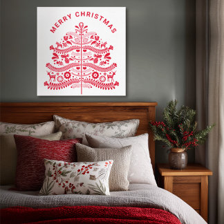Red Scandinavian Folk Art Christmas Tree Canvastryck