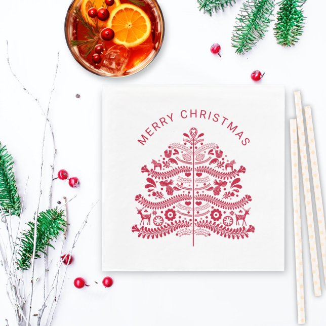 Red Scandinavian Folk Art Julgran Pappersservett (Skapare uppladdad)