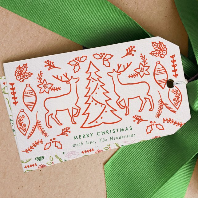 Red Scandinavian Mönster jul Presentetikett (Red Scandinavian Pattern Christmas Gift Tags)