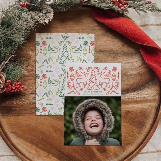 Red Scandinavian Mönster Photo Helgdag Card Julkort (Red Scandinavian Pattern Christmas Photo Holiday Card)