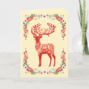 Red Scandinavian Reindeer Blommigt jul Helgkort