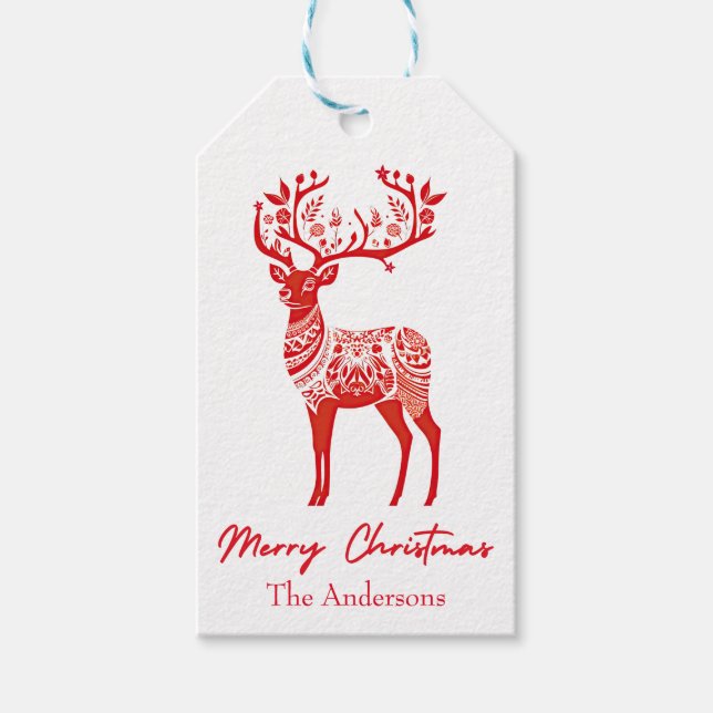 Red Scandinavian Reindeer God jul Presentetikett (Framsidan)