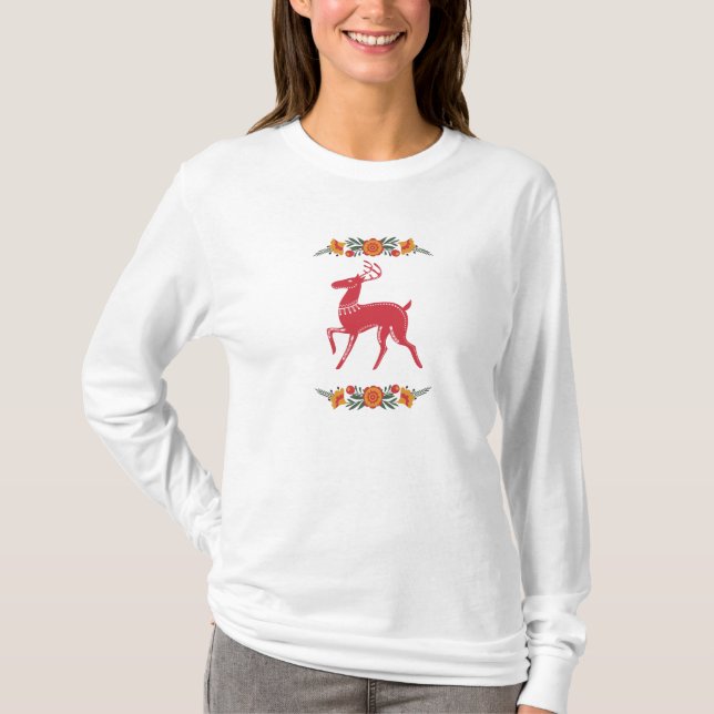 Red Scandinavian Reindeer T Shirt (Framsida)