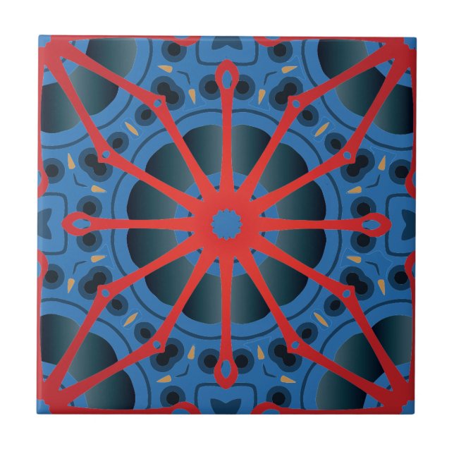 Red Scarlet och Blue Indigo Ethnic Boho Mönster Kakelplatta (Framsidan)