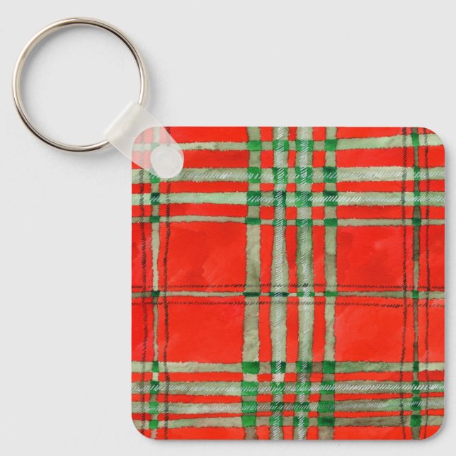 RED SCOTT TARTAN Aluminium Square Keychain Nyckelring (Framsida)