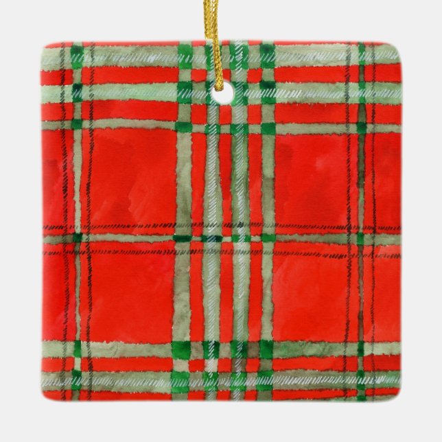 RED SCOTT TARTAN Ceramic Square Ornament (Framsida)