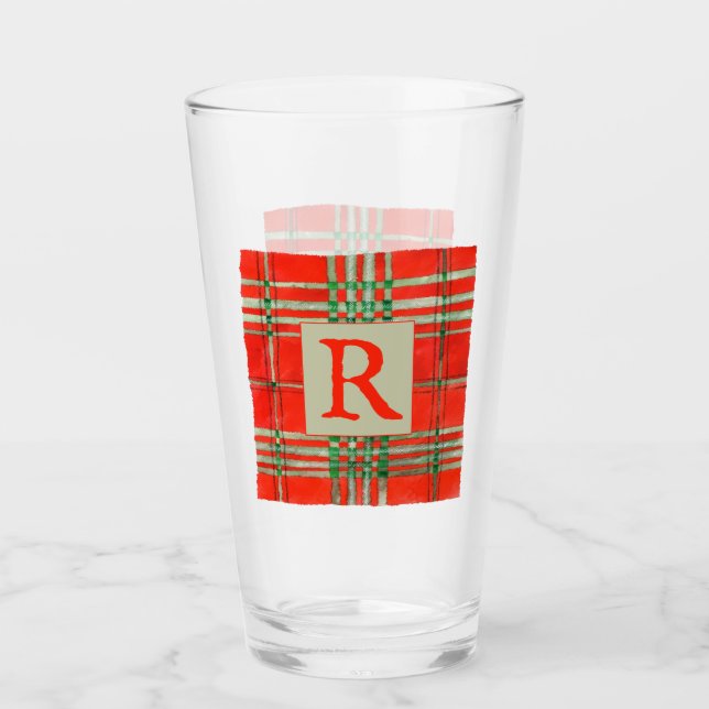 RED SCOTT TARTAN Pint Glass + Initial Glaskopp (Framsida)