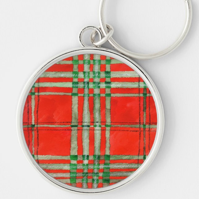 RED SCOTT TARTAN Premium Round Keychain Rund Silverfärgad Nyckelring (Framsidan)