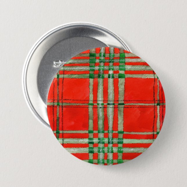 RED SCOTT TARTAN Round Pin Button Knapp (Framsida & baksida)