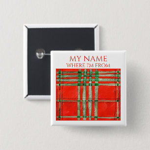 RED SCOTT TARTAN Square Namn bricka Pin Button Knapp