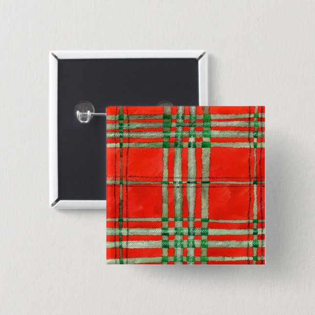 RED SCOTT TARTAN Square Pin Button Knapp (Framsida & baksida)