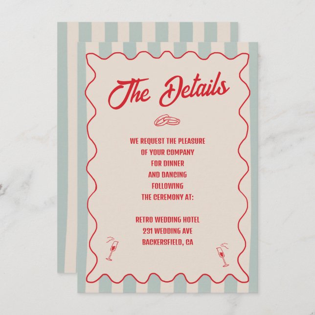 Red Script Blue Line QR Code Retro Wedding Details Tilläggskort (Fram/baksida)