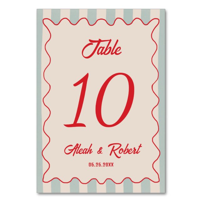 Red Script Blue Line Retro Wedding Table Number Bordsnummer (Framsidan)