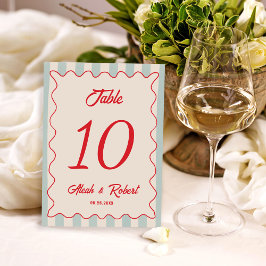 Red Script Blue Line Retro Wedding Table Number Bordsnummer