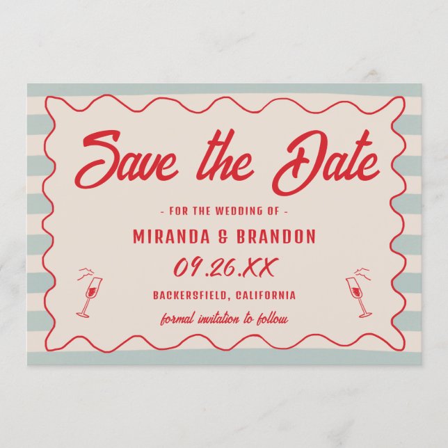 Red Script Blue Lines Retro QR Code Save the Date Inbjudningar (Framsida)