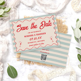 Red Script Blue Lines Retro QR Code Save the Date Inbjudningar
