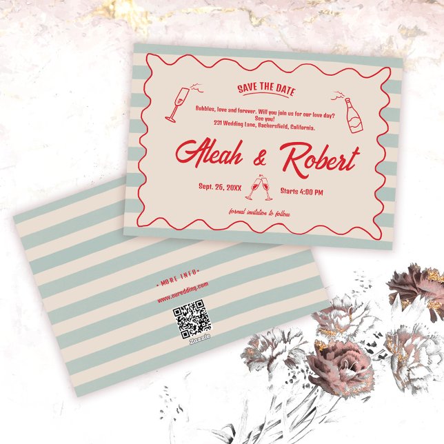 Red Script Blue Lines Retro Wedding Save the Date Inbjudningar (Skapare uppladdad)
