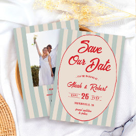 Red Script Blue Stripe Vintage Retro Save the Date Inbjudningar