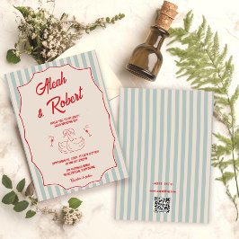 Red Script Blue Stripes QR Code Retro Wedding Inbjudningar