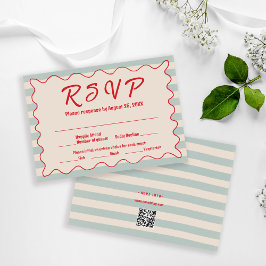 Red Script Blue Stripes QR Code Retro Wedding OSA Kort
