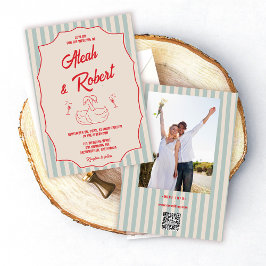 Red Script Blue Stripes Retro Photo Wedding Inbjudningar