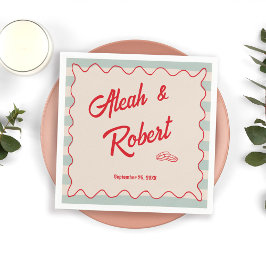 Red Script Blue Stripes Retro Wedding Pappersservett
