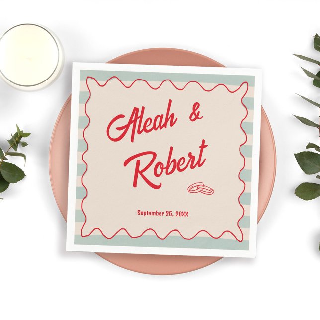 Red Script Blue Stripes Retro Wedding Pappersservett (Skapare uppladdad)