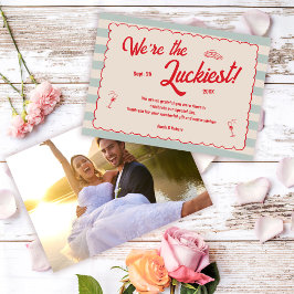 Red Script Blue Stripes Retro Wedding Photo Tack Kort