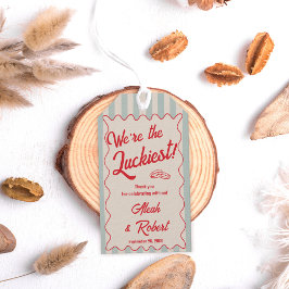 Red Script Blue Stripes Retro Wedding Presentetikett