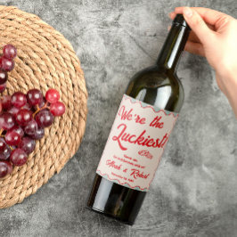 Red Script Blue Stripes Retro Wedding Vinflaska Etikett