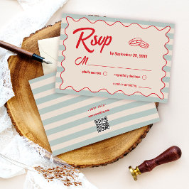 Red Script Blue Watercolor QR Code Retro Wedding OSA Kort