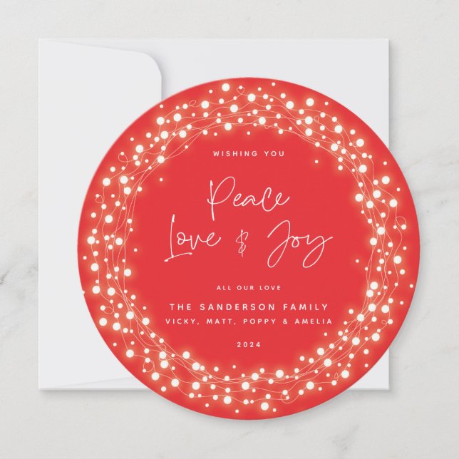 Red Script Font Peace Kärlek+Joy Sparkling Ljus Julkort (Framsida)