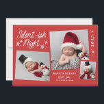 Red Script Silent Night 3 Photo Collage Julkort<br><div class="desc">Med handritade stjärnor,  vismisk typografi och en unik 3-fotolayout. Kommer med ett matchande mönster på baksidan.</div>
