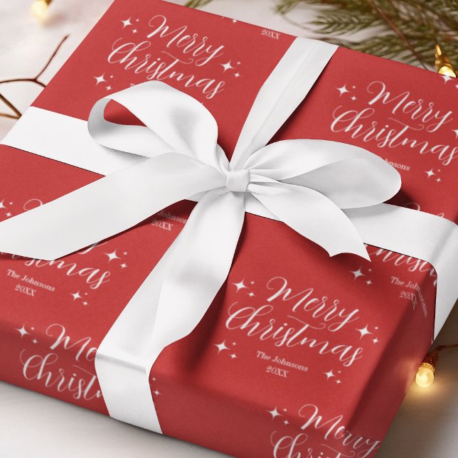 Red Script Typography Family Namn God jul Presentpapper (Red Script Typography Family Name Merry Christmas Wrapping Paper
)