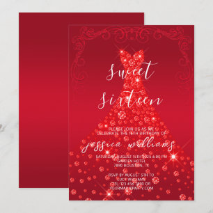 Red Sequin Boll Gown & Swirls Sweet 16 Birthday Inbjudningar