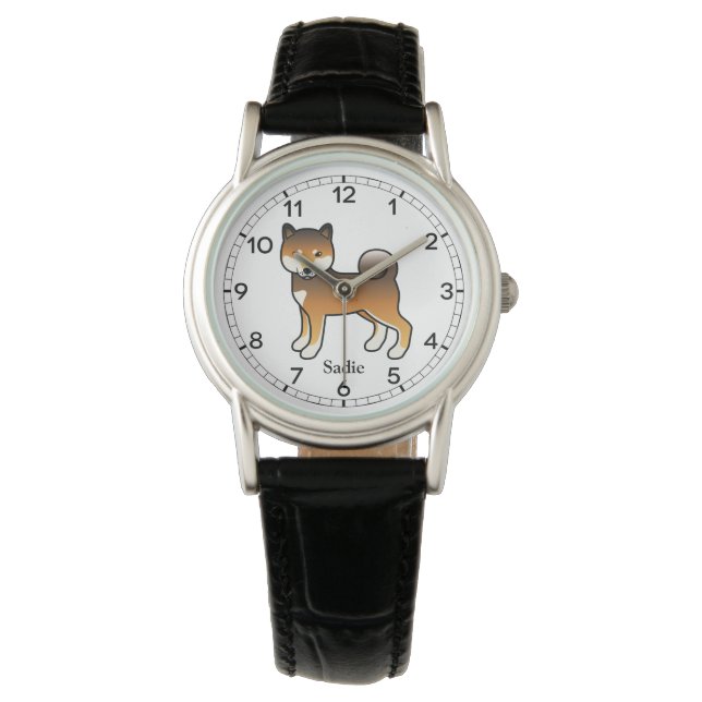 Red Sesame Shiba Inu Tecknad hund & Namn Armbandsur (Framsida)