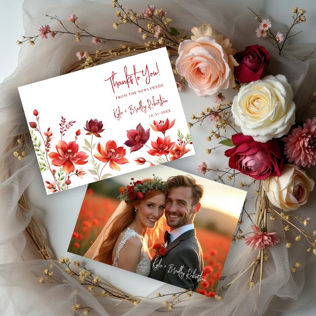 Red Shades Romantic Floral Wedding Back Photo Tack Kort (Red Shades Romantic Spring Floral Wedding Thank You Cards with Back Photo.)