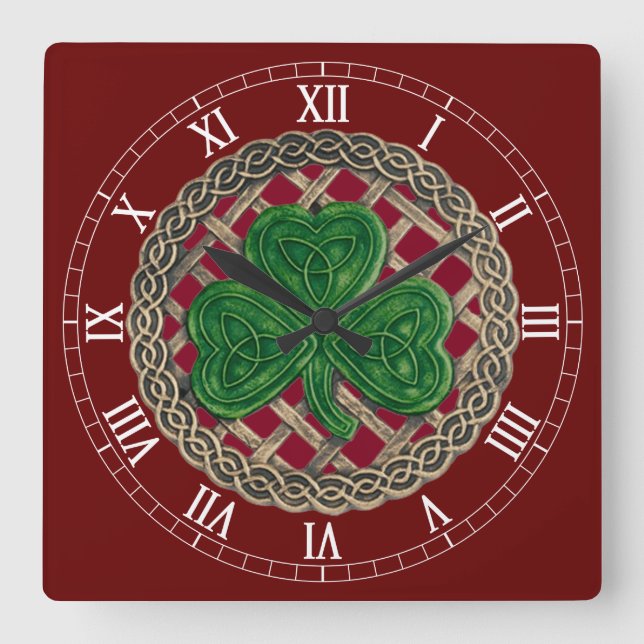 Red Shamrock and Celtic Knores Roman Numerals Cloc Fyrkantig Klocka (Framsida)
