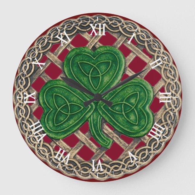Red Shamrock & Celtic Knoches Roman Numerals Clock Stor Klocka (Framsida)