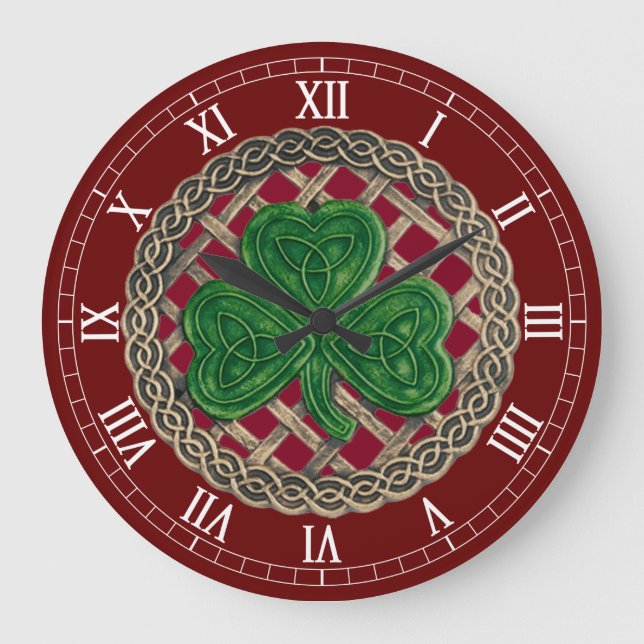 Red Shamrock & Celtic Knoches Roman Numerals Clock Stor Klocka (Framsida)